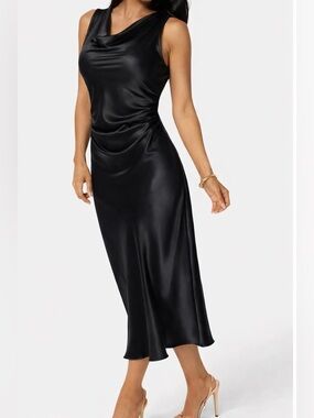 bebe Black Satin Cowl Neck Midi Dress — Sleek, Sculpting, Timeless— Size L NWT